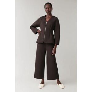 COS scuba jacket and High-Waisted pants in chocolate brown